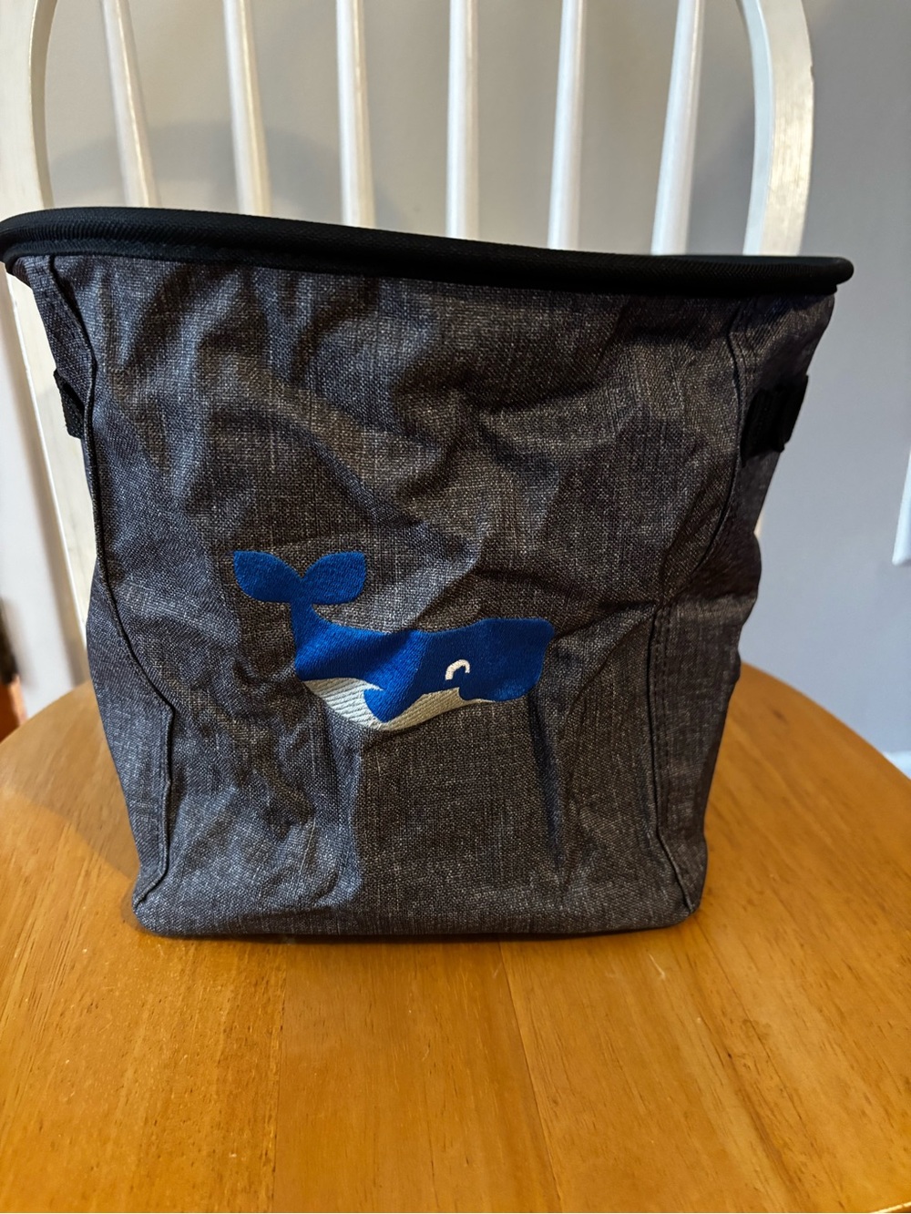 Thirty-One Mini Storage Round with Handles – dark Gray Crosshatch Whale Print